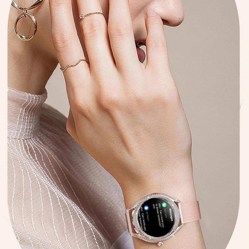 TUTT Classic Smartwatch for Women AMOLED  1.28” | Health & Fitness Tracker | Always On Display | 150 cubic Zirconia | Two Straps V66 Smart Watch (Silicone and Metal)