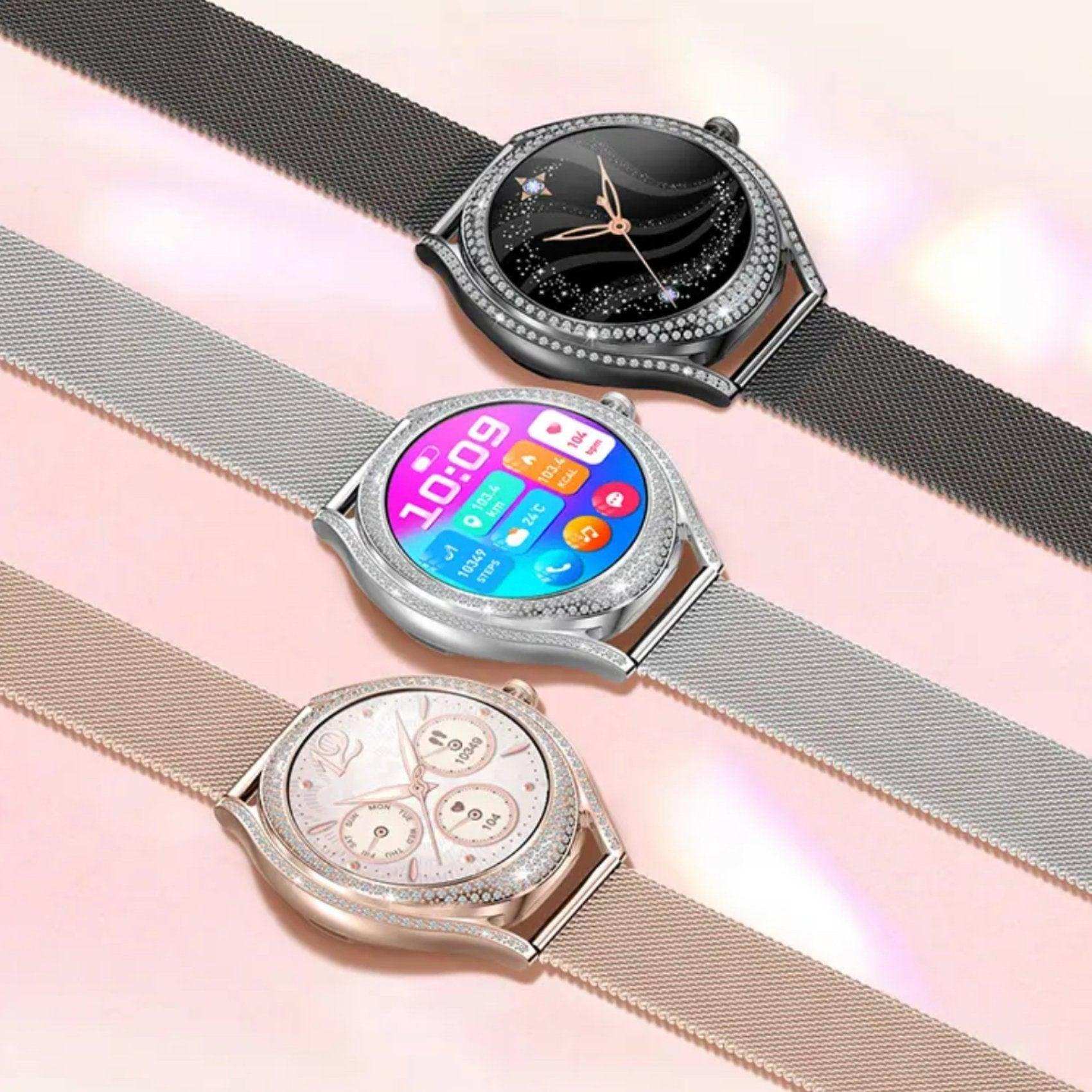 TUTT Classic Smartwatch for Women AMOLED  1.28” | Health & Fitness Tracker | Always On Display | 150 cubic Zirconia | Two Straps V66 Smart Watch (Silicone and Metal)