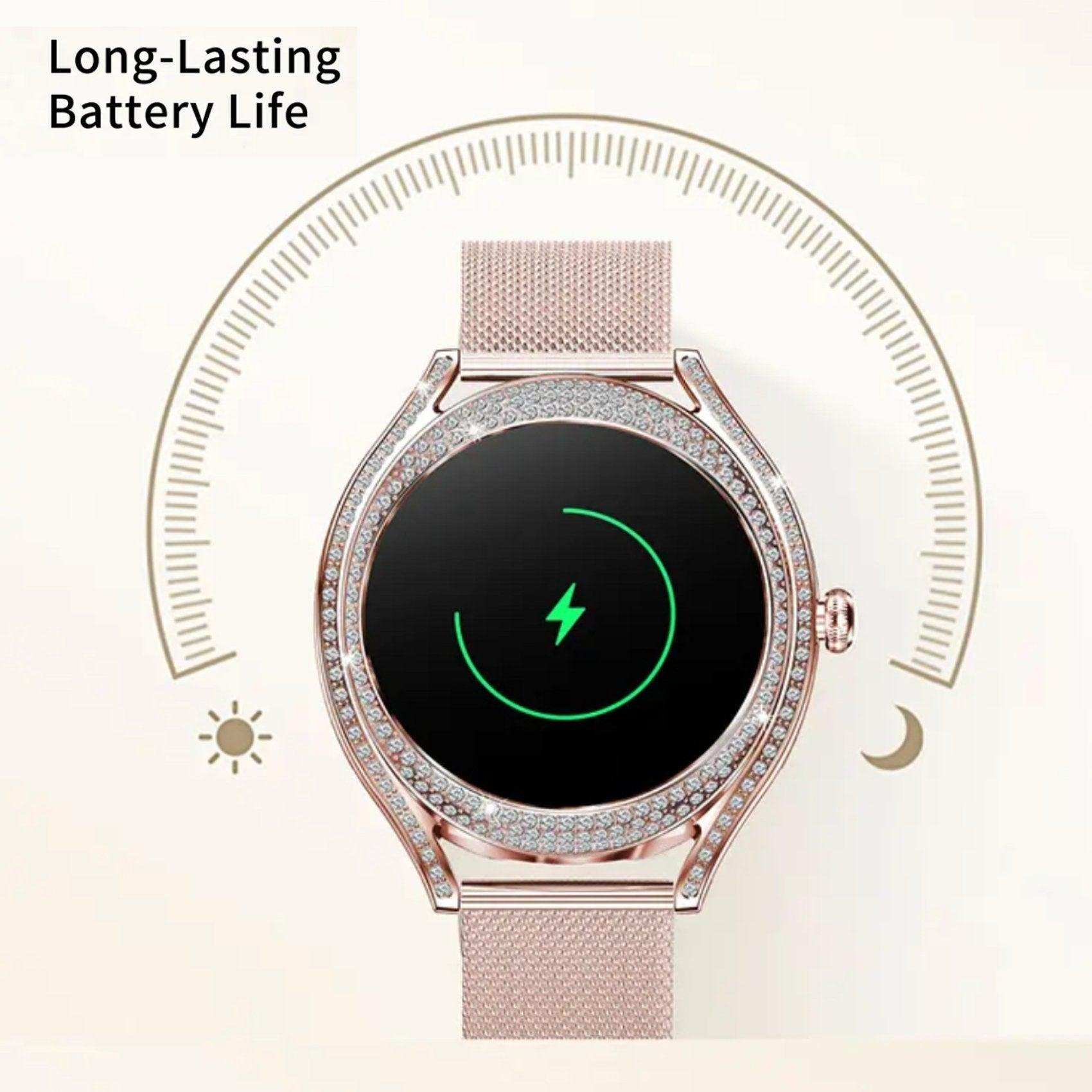 TUTT Classic Smartwatch for Women AMOLED  1.28” | Health & Fitness Tracker | Always On Display | 150 cubic Zirconia | Two Straps V66 Smart Watch (Silicone and Metal)