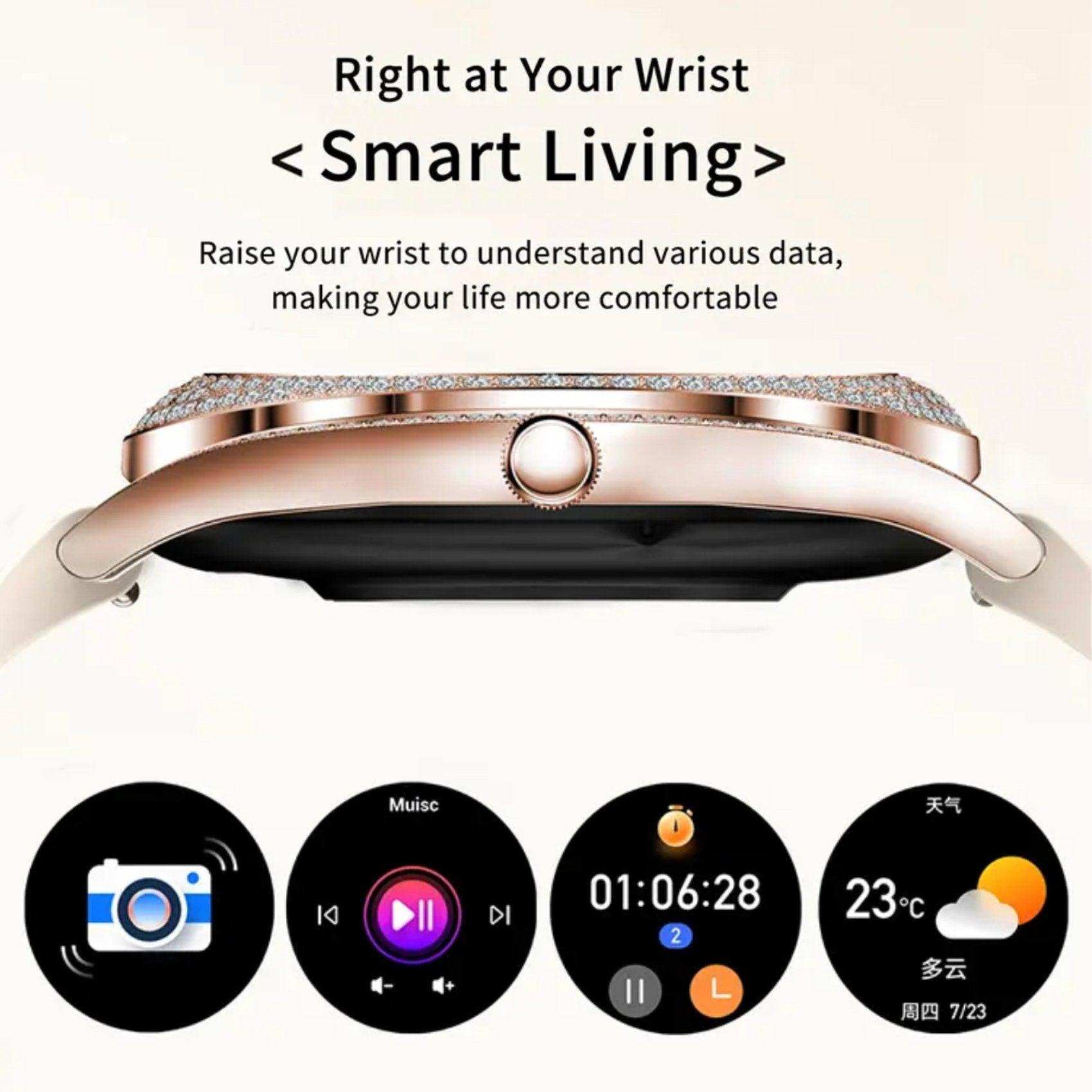 TUTT Classic Smartwatch for Women AMOLED  1.28” | Health & Fitness Tracker | Always On Display | 150 cubic Zirconia | Two Straps V66 Smart Watch (Silicone and Metal)
