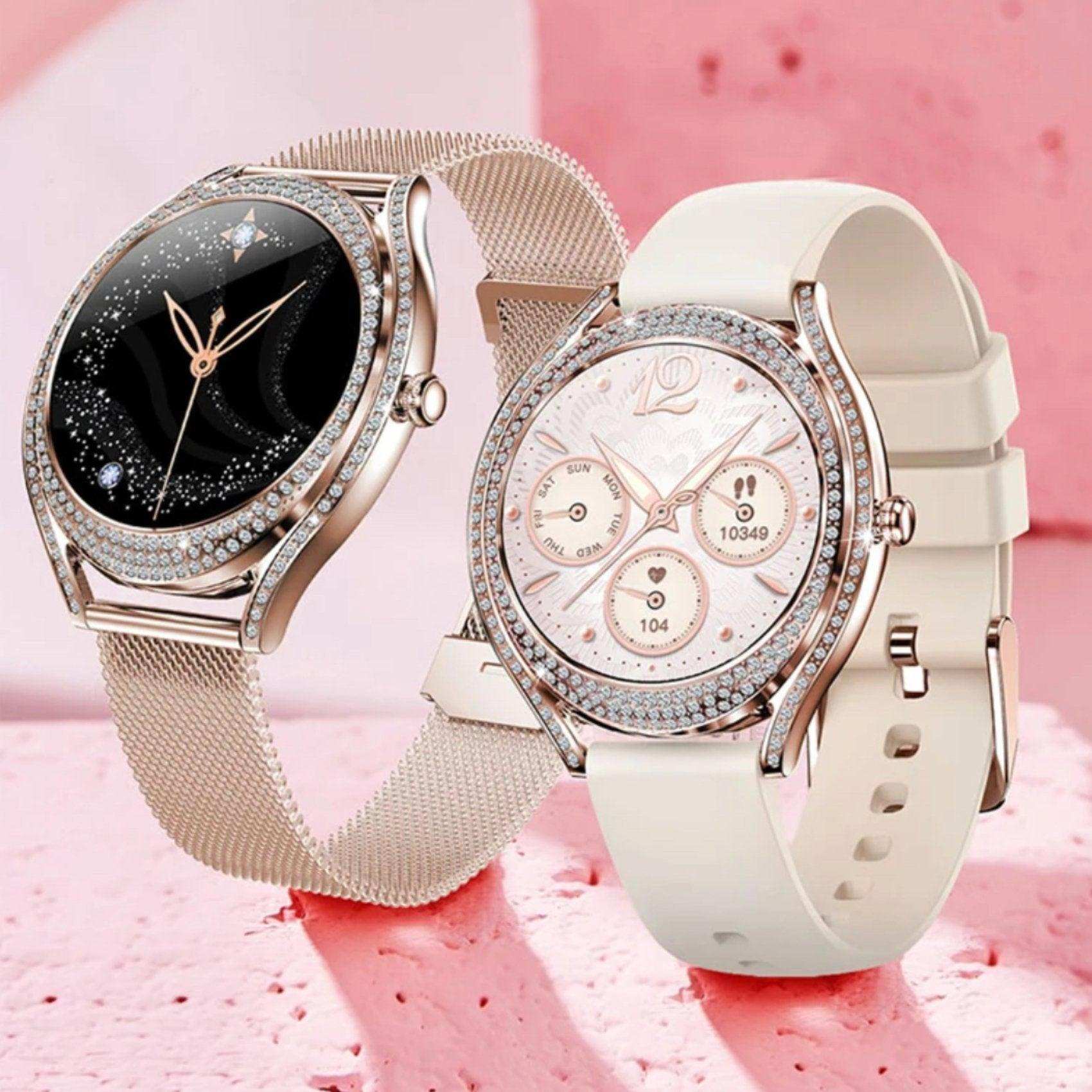 TUTT Classic Smartwatch for Women AMOLED  1.28” | Health & Fitness Tracker | Always On Display | 150 cubic Zirconia | Two Straps V66 Smart Watch (Silicone and Metal)