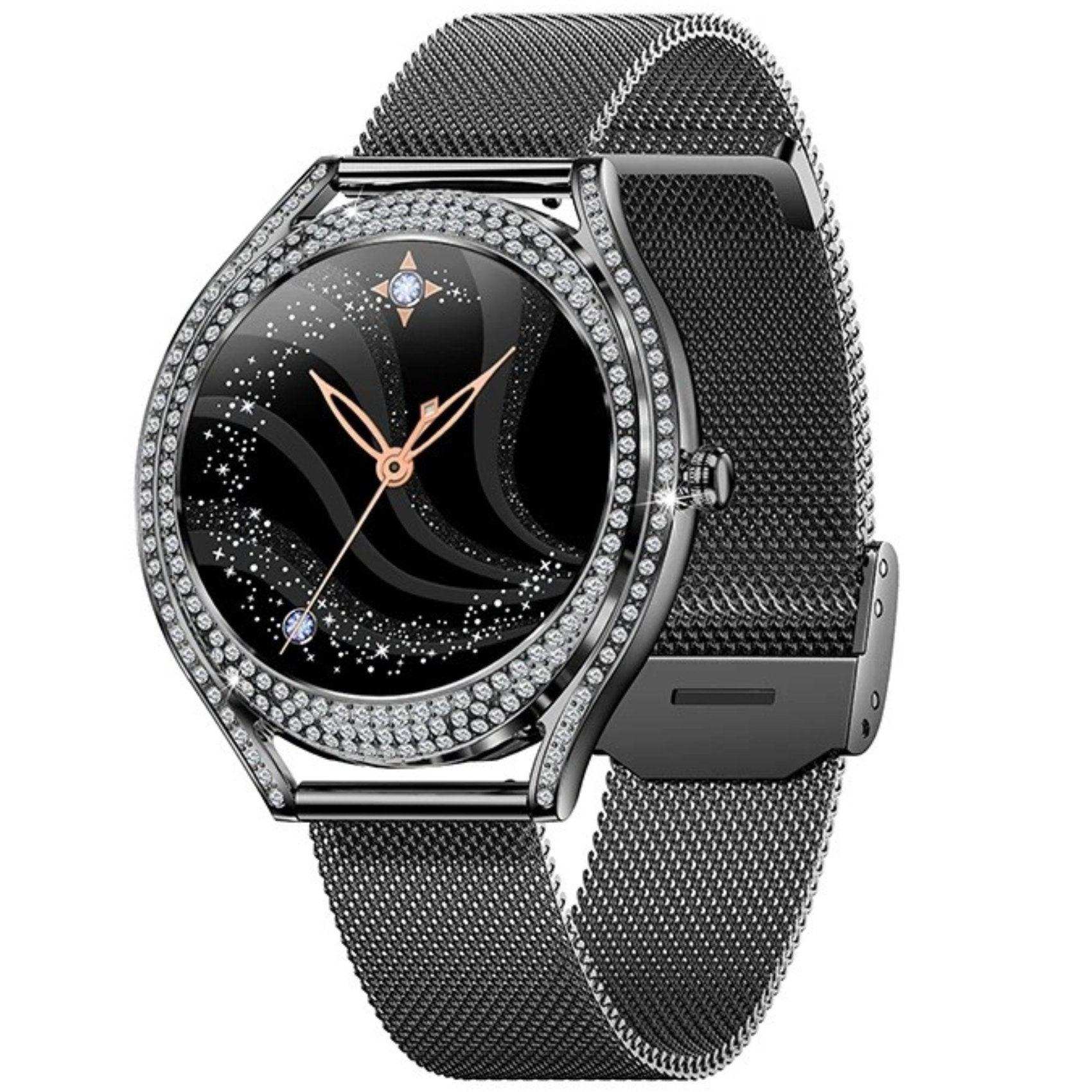 TUTT Classic Smartwatch for Women AMOLED  1.28” | Health & Fitness Tracker | Always On Display | 150 cubic Zirconia | Two Straps V66 Smart Watch (Silicone and Metal)