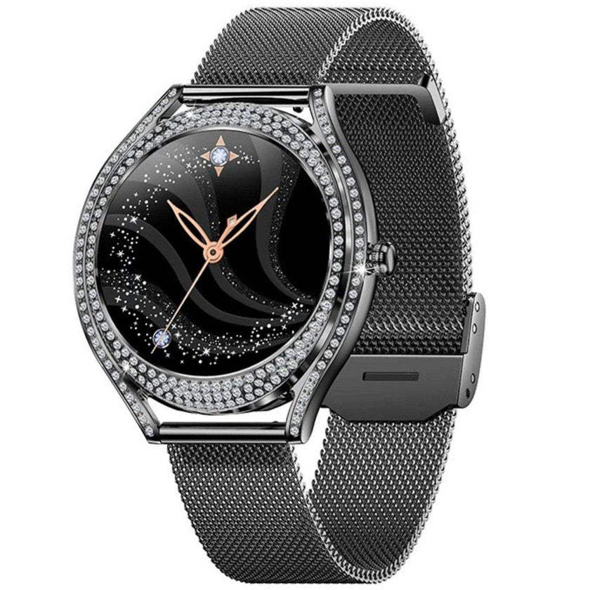 TUTT Classic Smartwatch for Women AMOLED  1.28” | Health & Fitness Tracker | Always On Display | 150 cubic Zirconia | Two Straps V66 Smart Watch (Silicone and Metal)