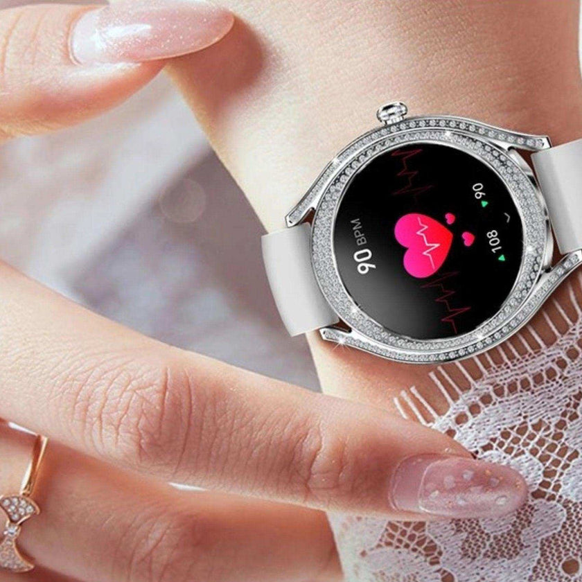 TUTT Classic Smartwatch for Women AMOLED  1.28” | Health & Fitness Tracker | Always On Display | 150 cubic Zirconia | Two Straps V66 Smart Watch (Silicone and Metal)