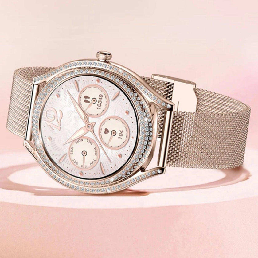 TUTT Classic Smartwatch for Women AMOLED  1.28” | Health & Fitness Tracker | Always On Display | 150 cubic Zirconia | Two Straps V66 Smart Watch (Silicone and Metal)