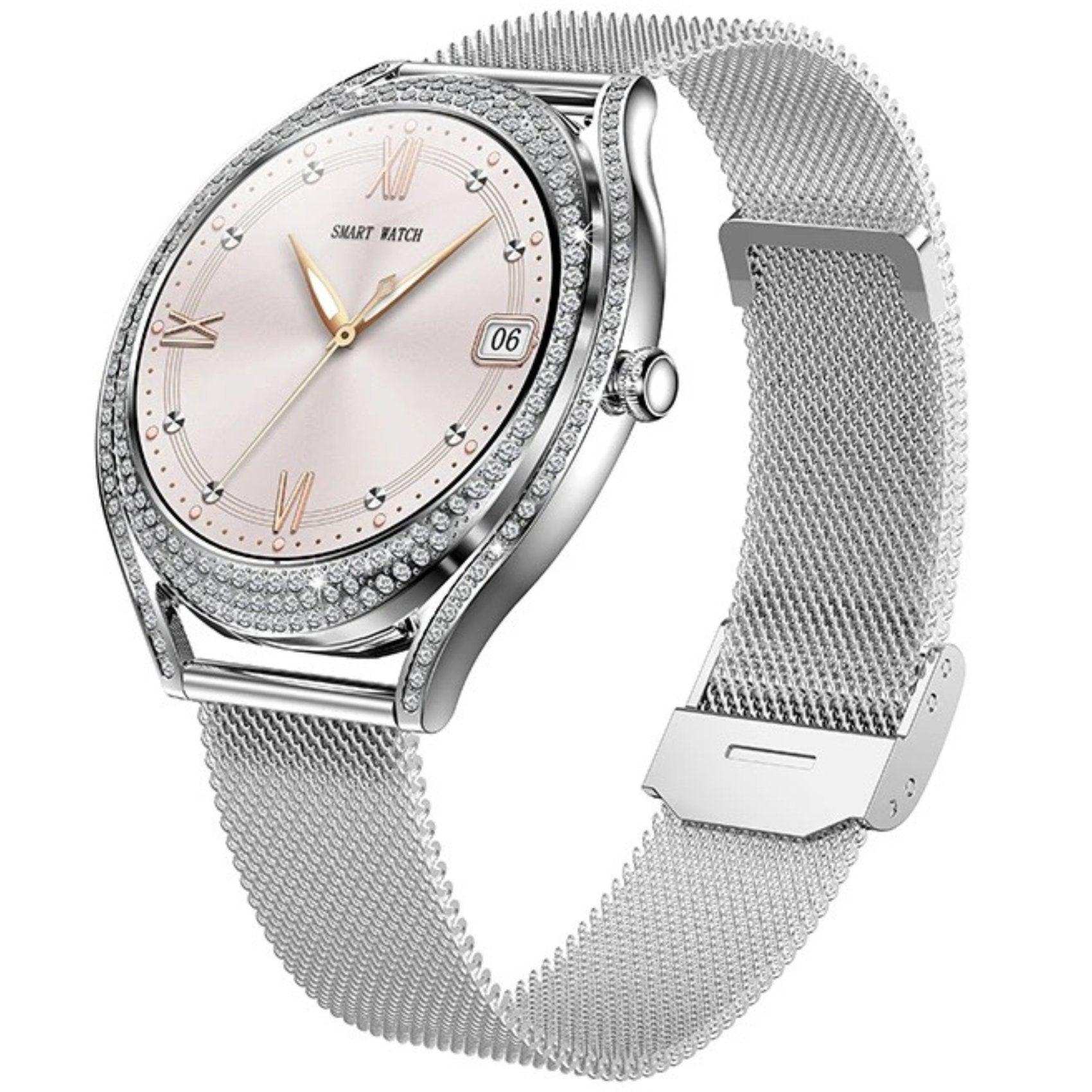 TUTT Classic Smartwatch for Women AMOLED  1.28” | Health & Fitness Tracker | Always On Display | 150 cubic Zirconia | Two Straps V66 Smart Watch (Silicone and Metal)