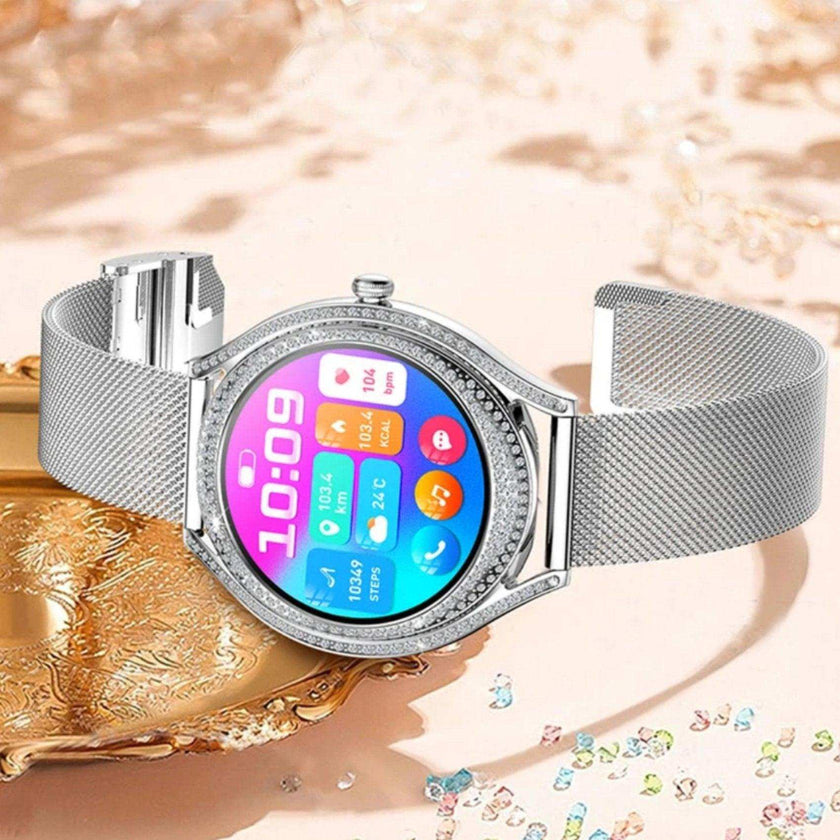 TUTT Classic Smartwatch for Women AMOLED  1.28” | Health & Fitness Tracker | Always On Display | 150 cubic Zirconia | Two Straps V66 Smart Watch (Silicone and Metal)