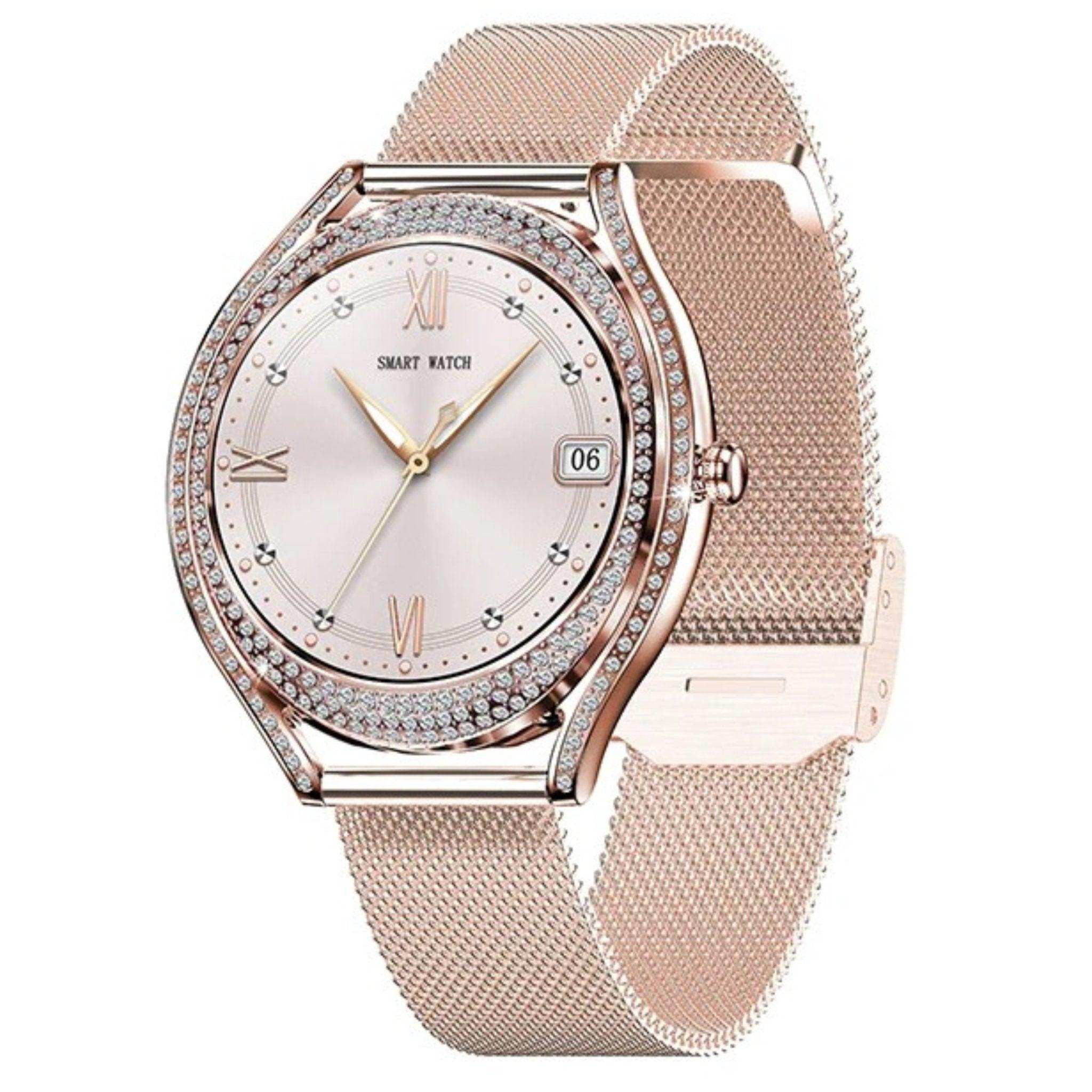 TUTT Classic Smartwatch for Women AMOLED  1.28” | Health & Fitness Tracker | Always On Display | 150 cubic Zirconia | Two Straps V66 Smart Watch (Silicone and Metal)