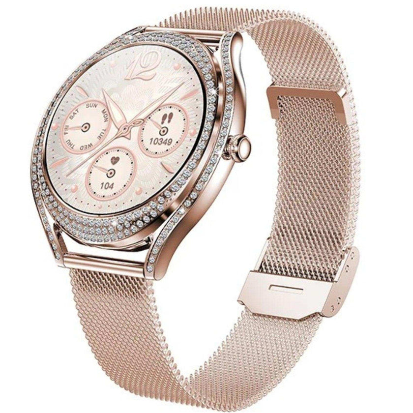 TUTT Classic Smartwatch for Women AMOLED  1.28” | Health & Fitness Tracker | Always On Display | 150 cubic Zirconia | Two Straps V66 Smart Watch (Silicone and Metal)