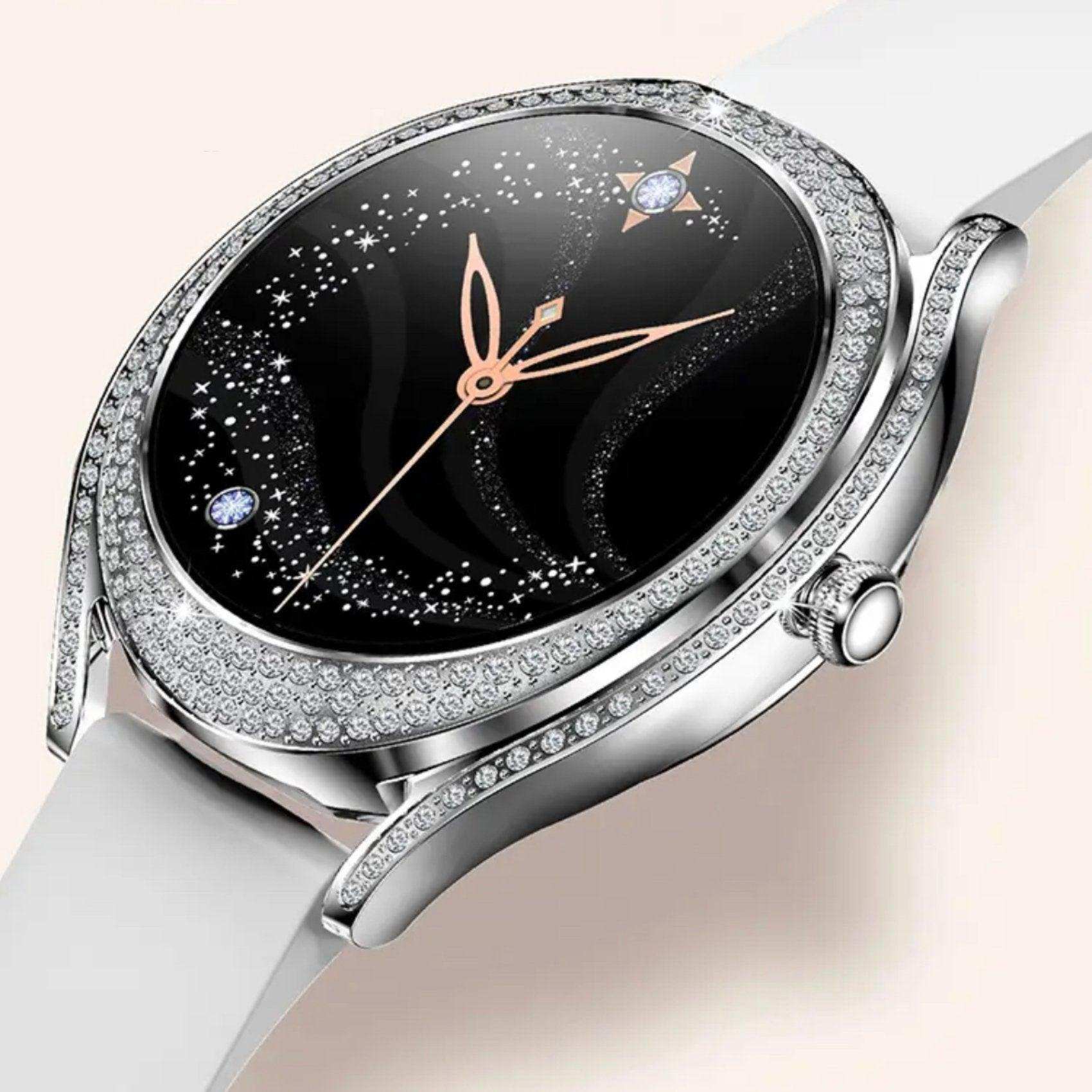TUTT Classic Smartwatch for Women AMOLED  1.28” | Health & Fitness Tracker | Always On Display | 150 cubic Zirconia | Two Straps V66 Smart Watch (Silicone and Metal)