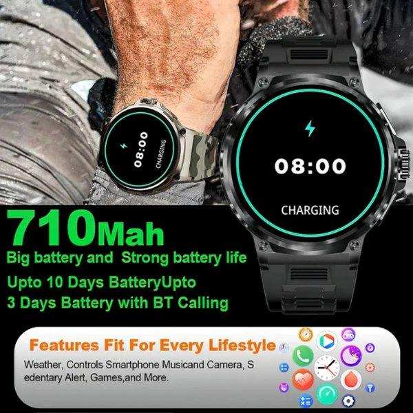 TUTT Military Smartwatch For Men | Metal Case  HD 1.85'' Large Round Screen | 710mah Battery Health & Fitness Smart Watch (3) Straps  V69