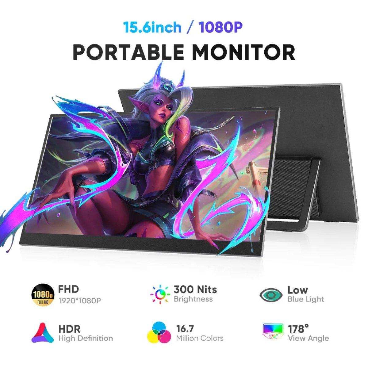 TUTT Wireless 15.6 inch Portable Monitor FHD IPS USB-C HDMI with Kickstand & VESA | Speaker and Stand All Devices