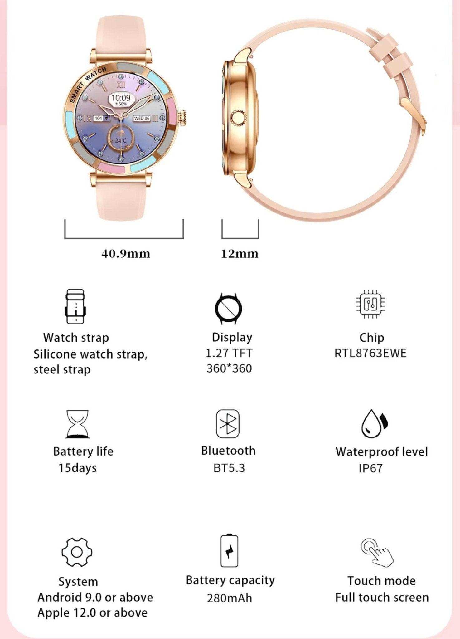 TUTT Women’s Smart Watch | Slim & Stylish Design 1.27” HD Dial | Waterproof | AI Voice Assistant | Women’s Health & Sports Tracker Smartwatch | W1 2 Strap