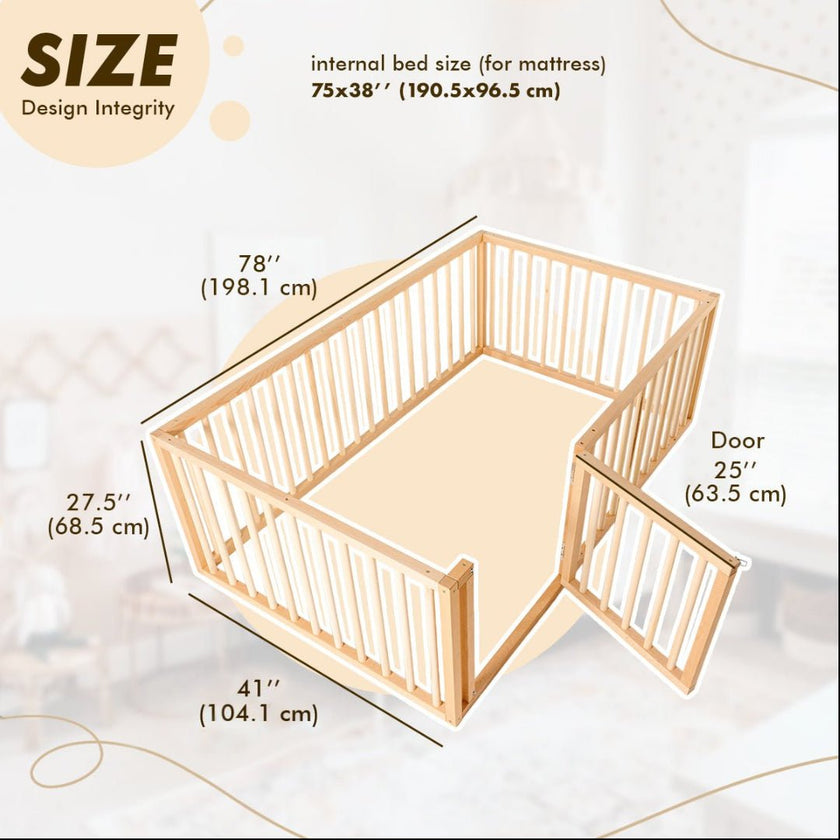 Twin Size Bed Frame for Toddlers with Fence