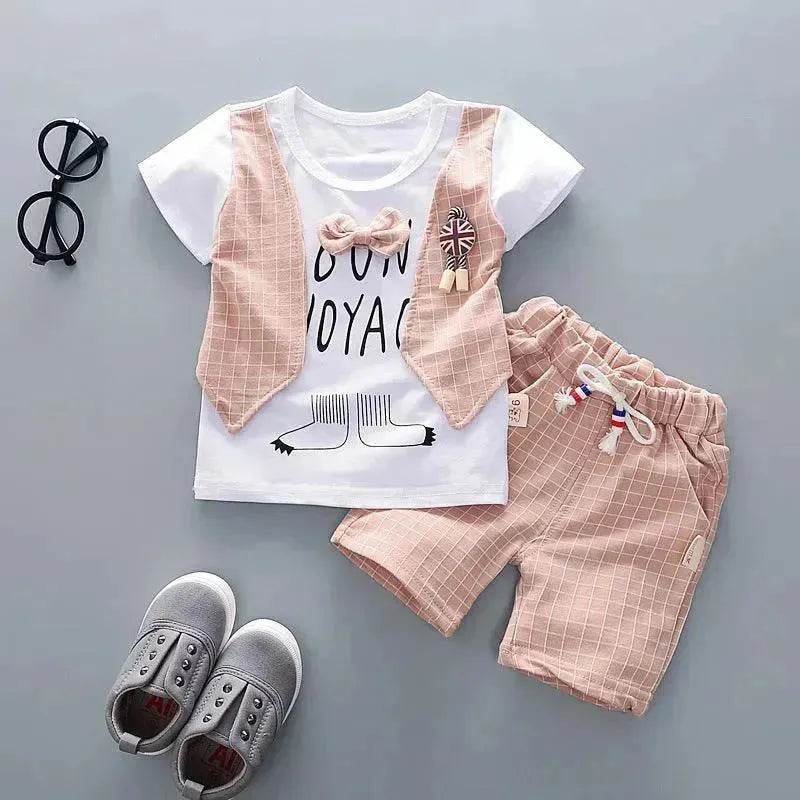 Two-piece Children's Suit With Short Sleeve Shorts And Suspenders Top Shirt