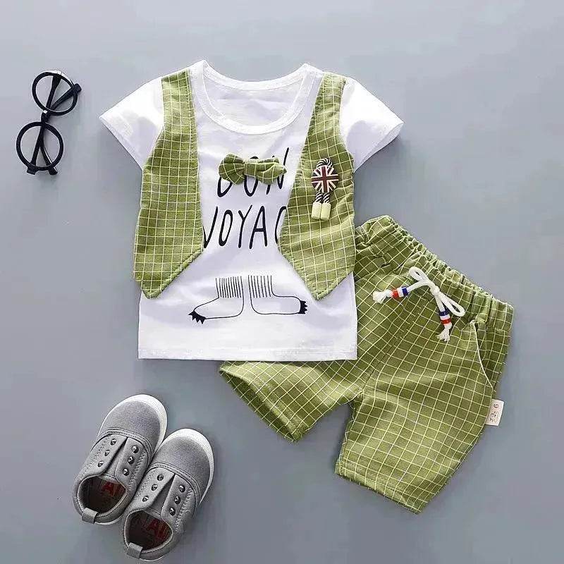 Two-piece Children's Suit With Short Sleeve Shorts And Suspenders Top Shirt