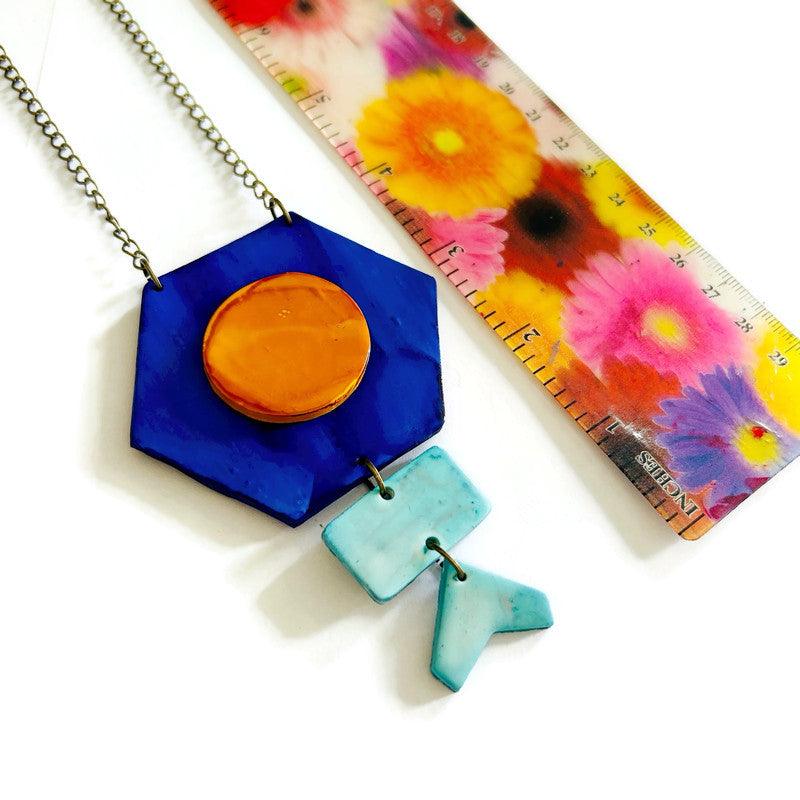 Unique Geometric Pendant Necklace in Blue Yellow