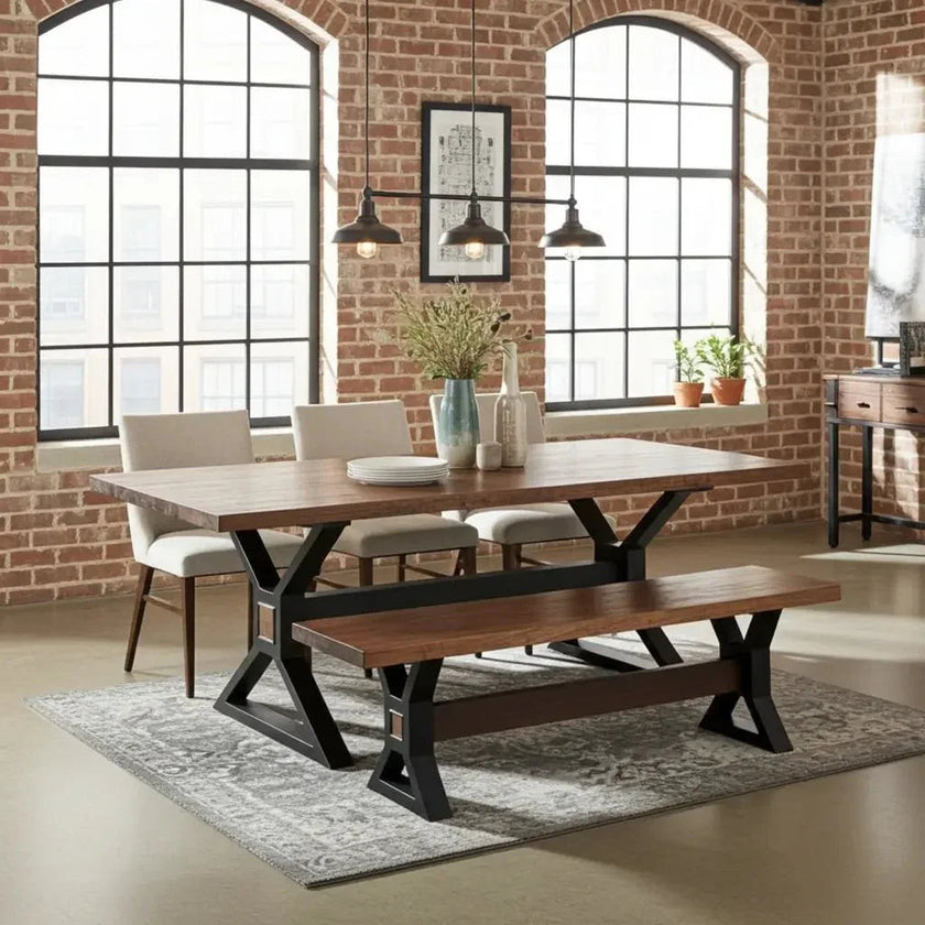 Table à diner patte en X noir mat avec plateau en Acacia Brun et 1 Banc patte en X noir mat en bois d'acacia brun