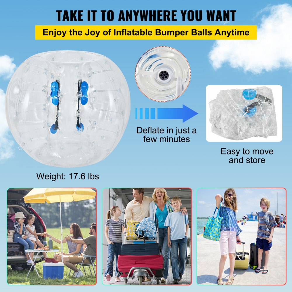VEVOR Inflatable Bumper Ball 4 FT / 1.2M Diameter, Bubble Soccer Ball, Blow It Up in 5 Min, Inflatable Zorb Ball for Adults or Children (4 FT, Transparent)
