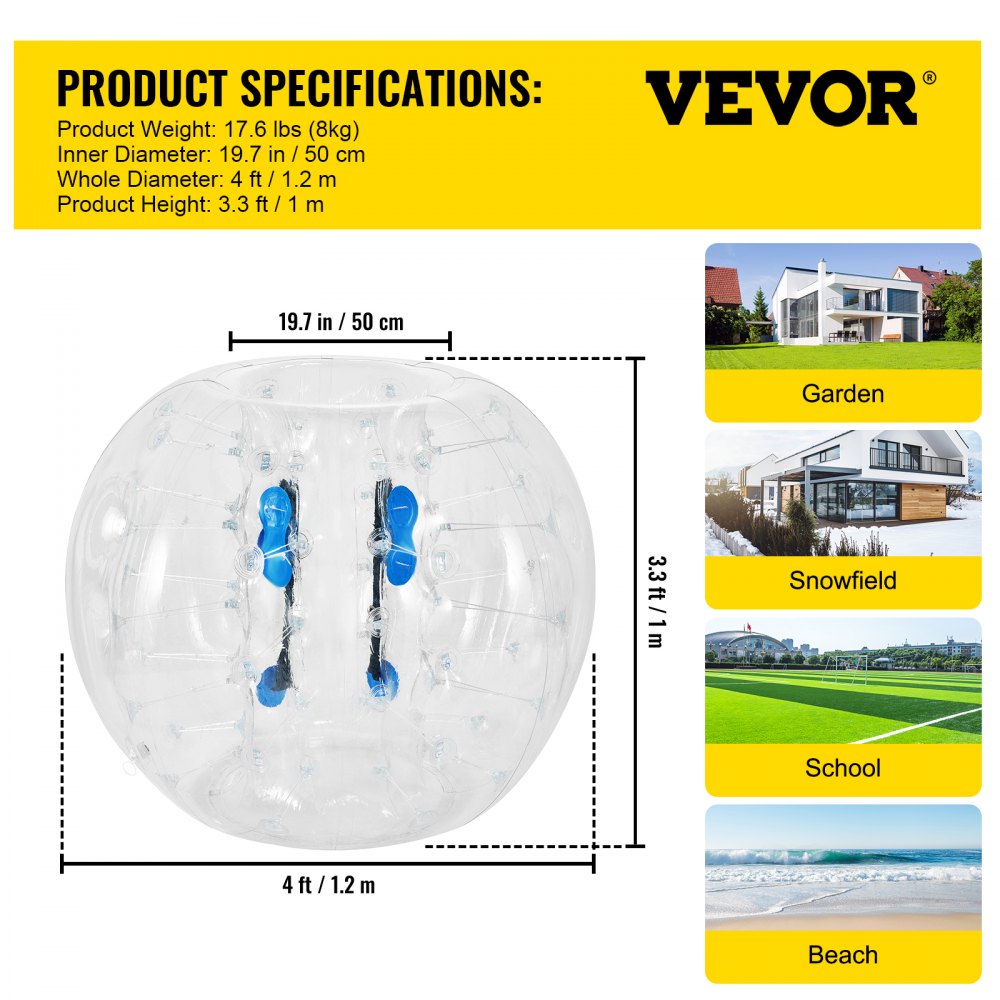 VEVOR Inflatable Bumper Ball 4 FT / 1.2M Diameter, Bubble Soccer Ball, Blow It Up in 5 Min, Inflatable Zorb Ball for Adults or Children (4 FT, Transparent)