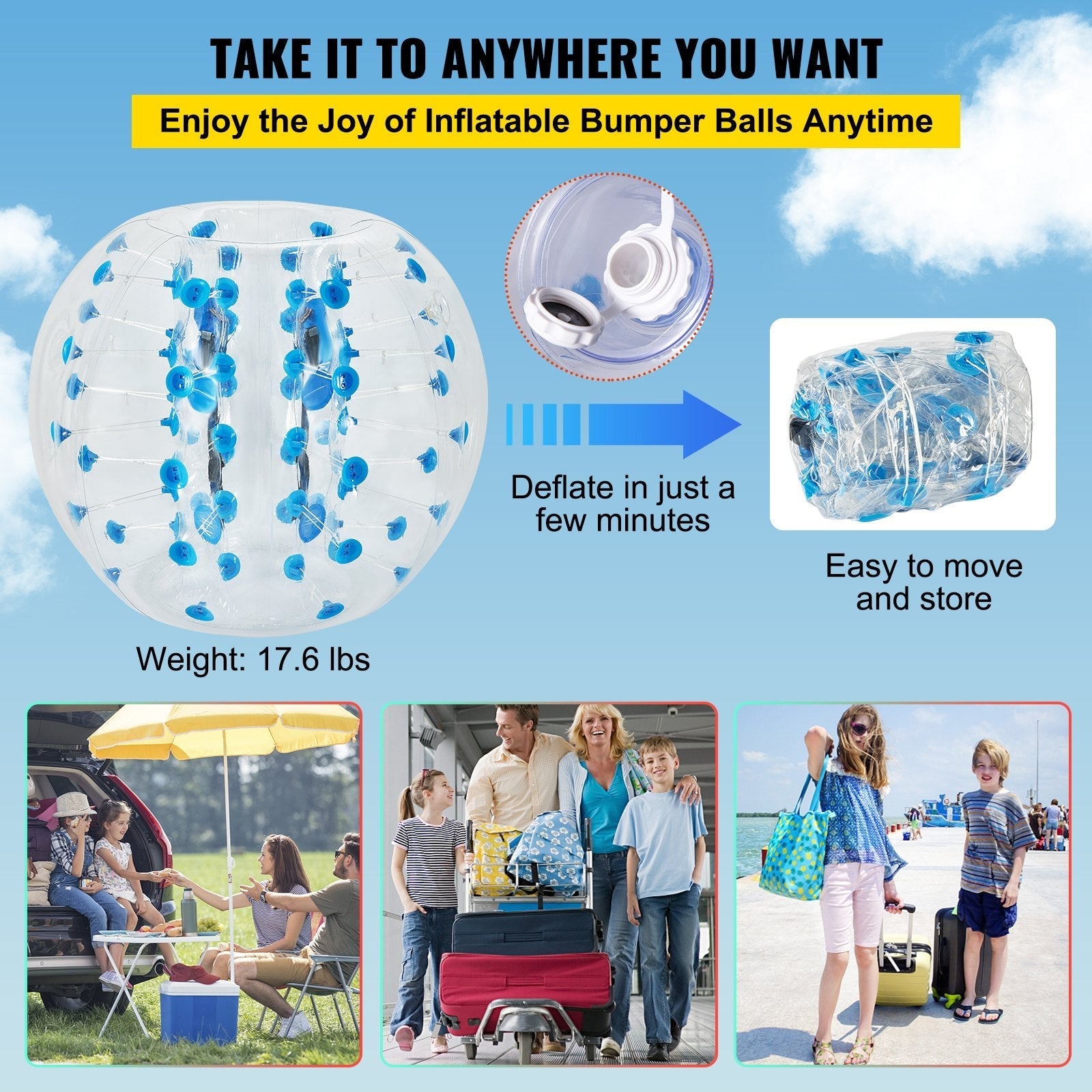 VEVOR Inflatable Bumper Ball 4 FT / 1.2M Diameter, Bubble Soccer Ball, Blow It Up in 5 Min, Inflatable Zorb Ball for Adults or Children (4 FT, Blue Dot)