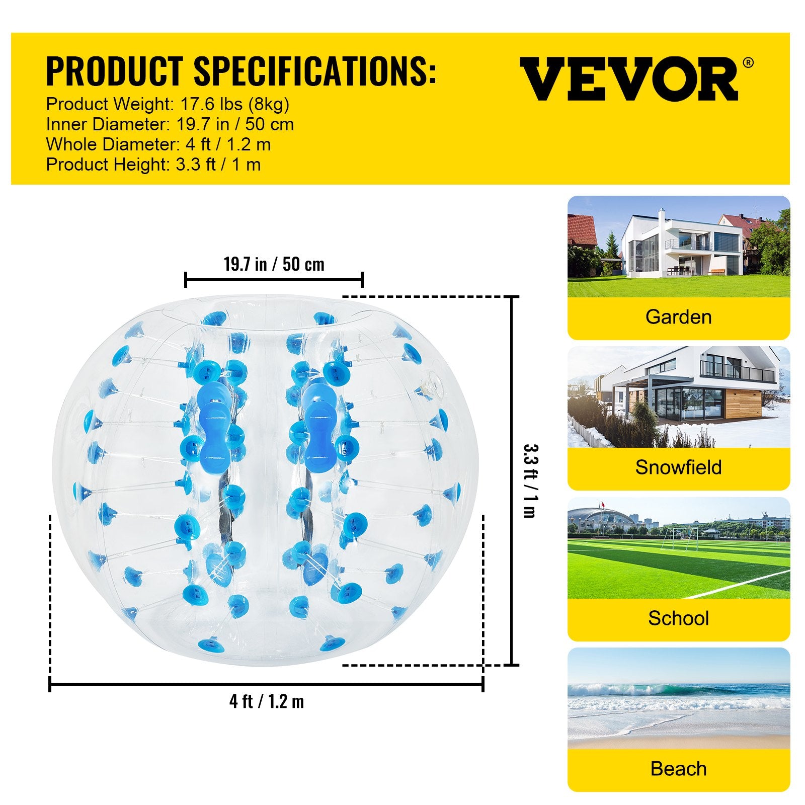 VEVOR Inflatable Bumper Ball 4 FT / 1.2M Diameter, Bubble Soccer Ball, Blow It Up in 5 Min, Inflatable Zorb Ball for Adults or Children (4 FT, Blue Dot)