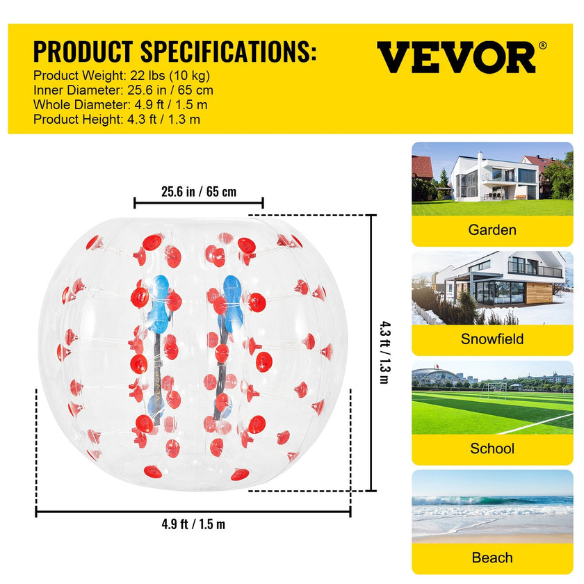 VEVOR Inflatable Bumper Ball 5 FT / 1.5M Diameter, Bubble Soccer Ball, Blow It Up in 5 Min, Inflatable Zorb Ball for Adults or Children (5 FT, Red Dot )