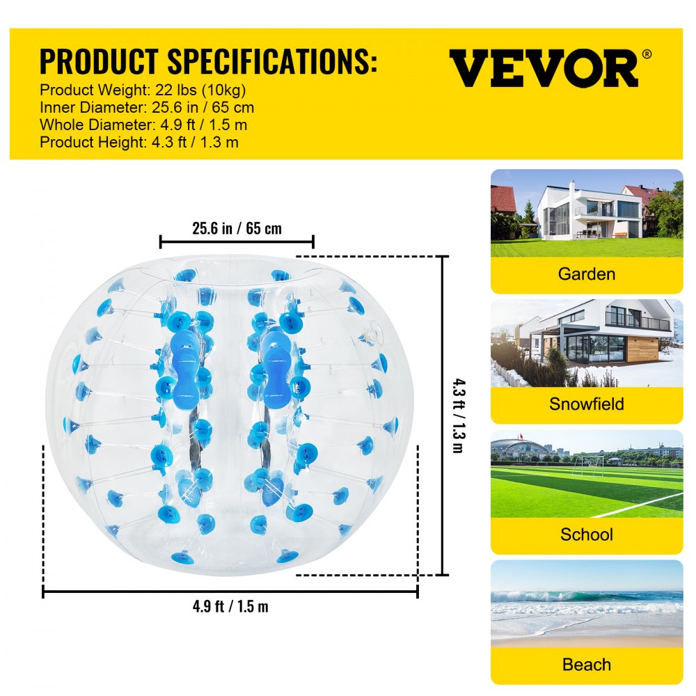 VEVOR Inflatable Bumper Ball 5 FT / 1.5M Diameter, Bubble Soccer Ball, Blow It Up in 5 Min, Inflatable Zorb Ball for Adults or Children (5 FT, Blue Dot)
