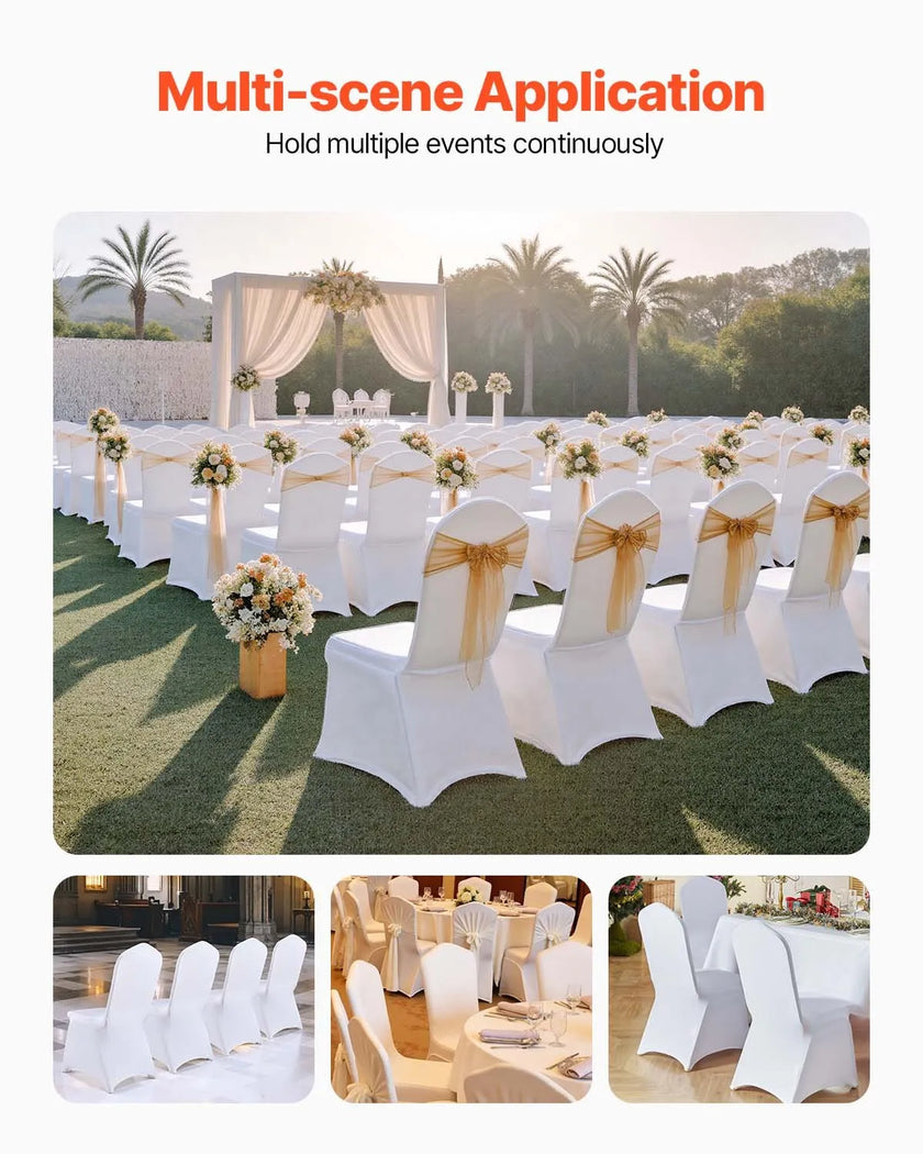 VEVOR Stretch Spandex Folding Chair Covers, Universal Fitted Chair Cover, Removable Washable Protective Slipcovers, for Wedding, Holiday, Banquet, Party, Celebration, Dining (100PCS White)