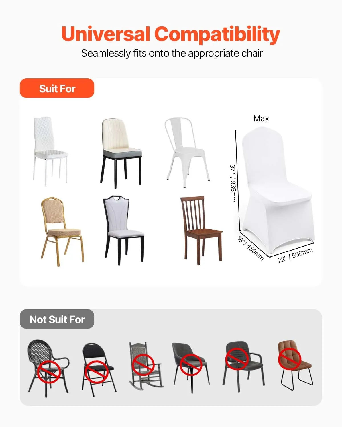 VEVOR Stretch Spandex Folding Chair Covers, Universal Fitted Chair Cover, Removable Washable Protective Slipcovers, for Wedding, Holiday, Banquet, Party, Celebration, Dining (100PCS White)