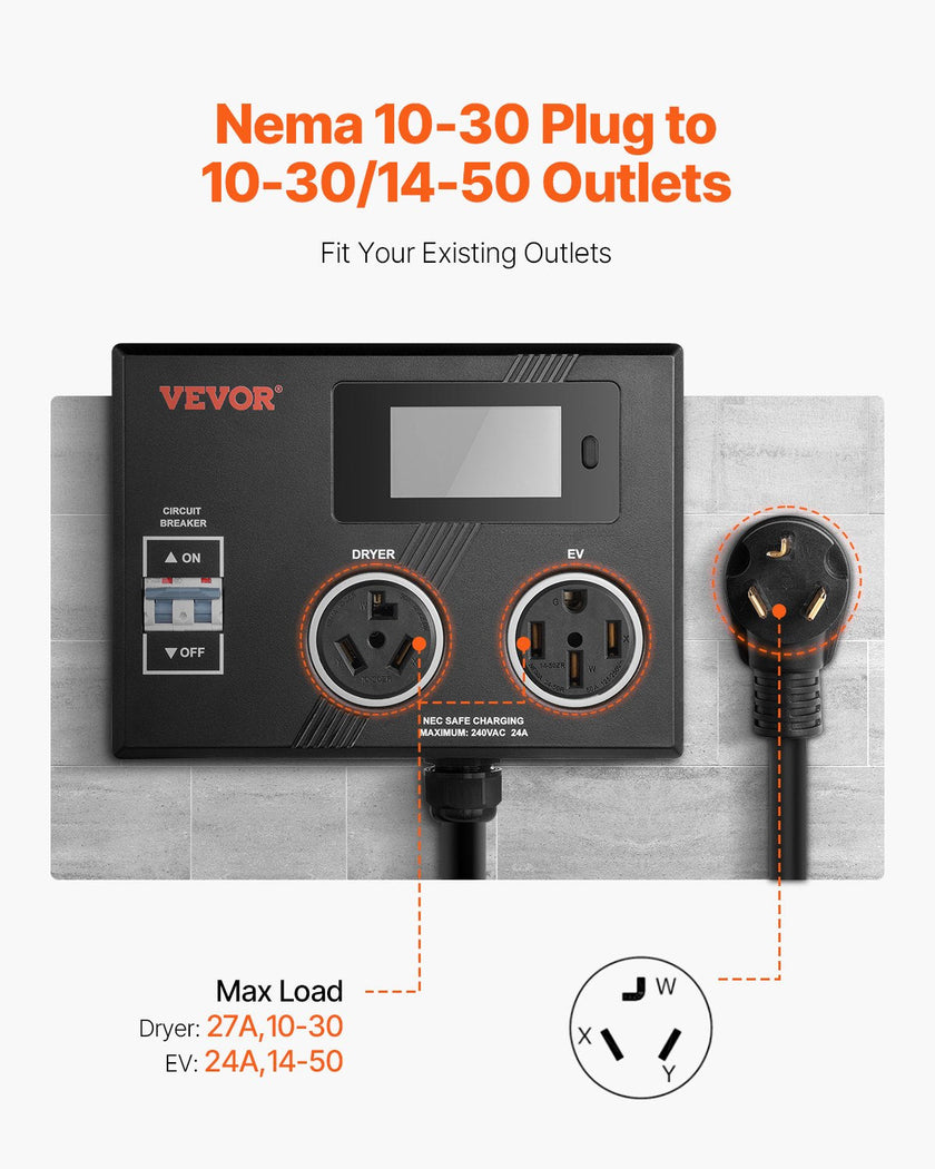 VEVOR NEMA Splitter for Dryer and EV NEMA 10-30P 10-30R/14-50R 3.4'' LCD Screen