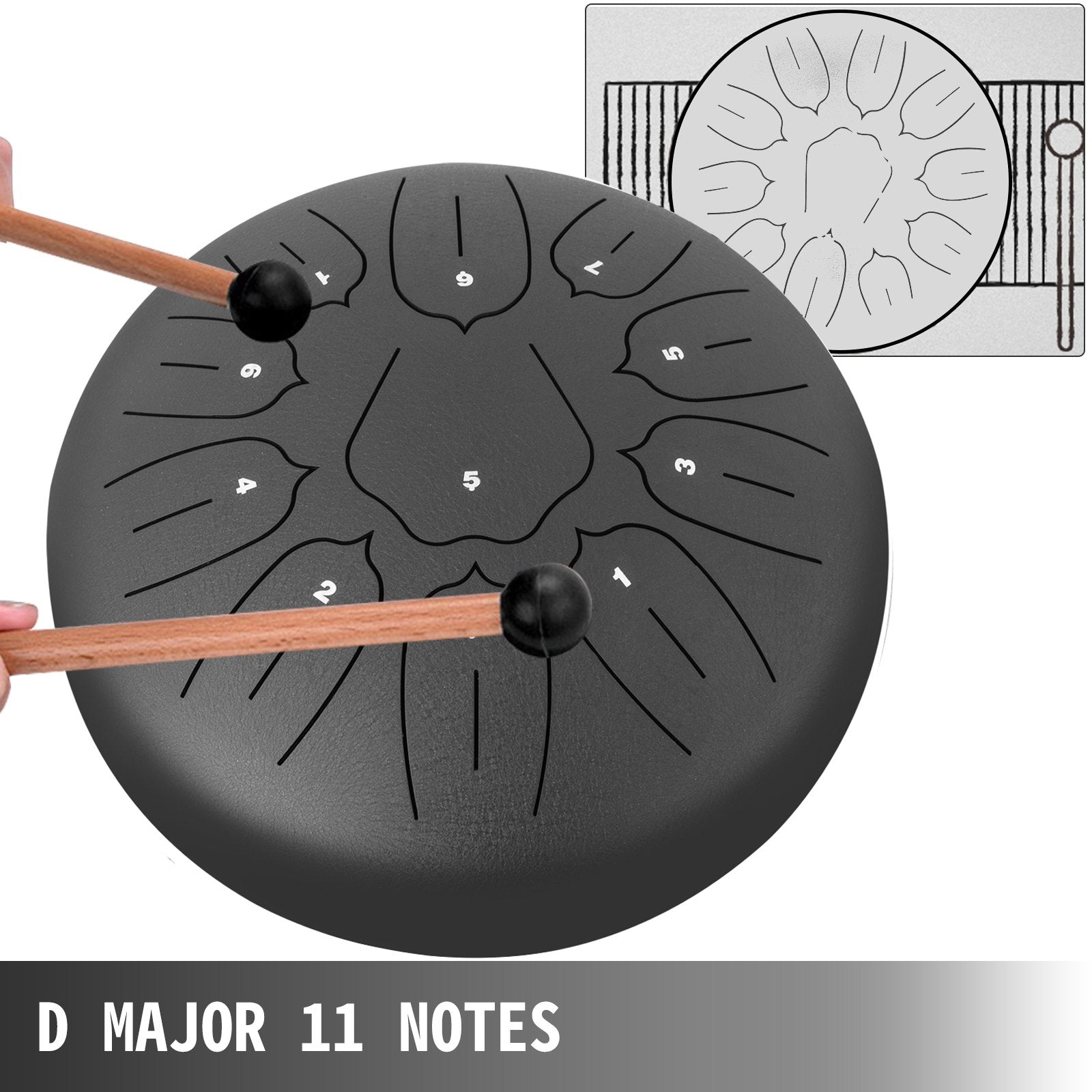VEVOR Steel Tongue Drum 11 Notes 10 Inches Dia Tongue Drum Black Handpan Drum Notes Percussion Instrument Steel Drums Instruments with Bag, Book, Mallets, Mallet Bracket