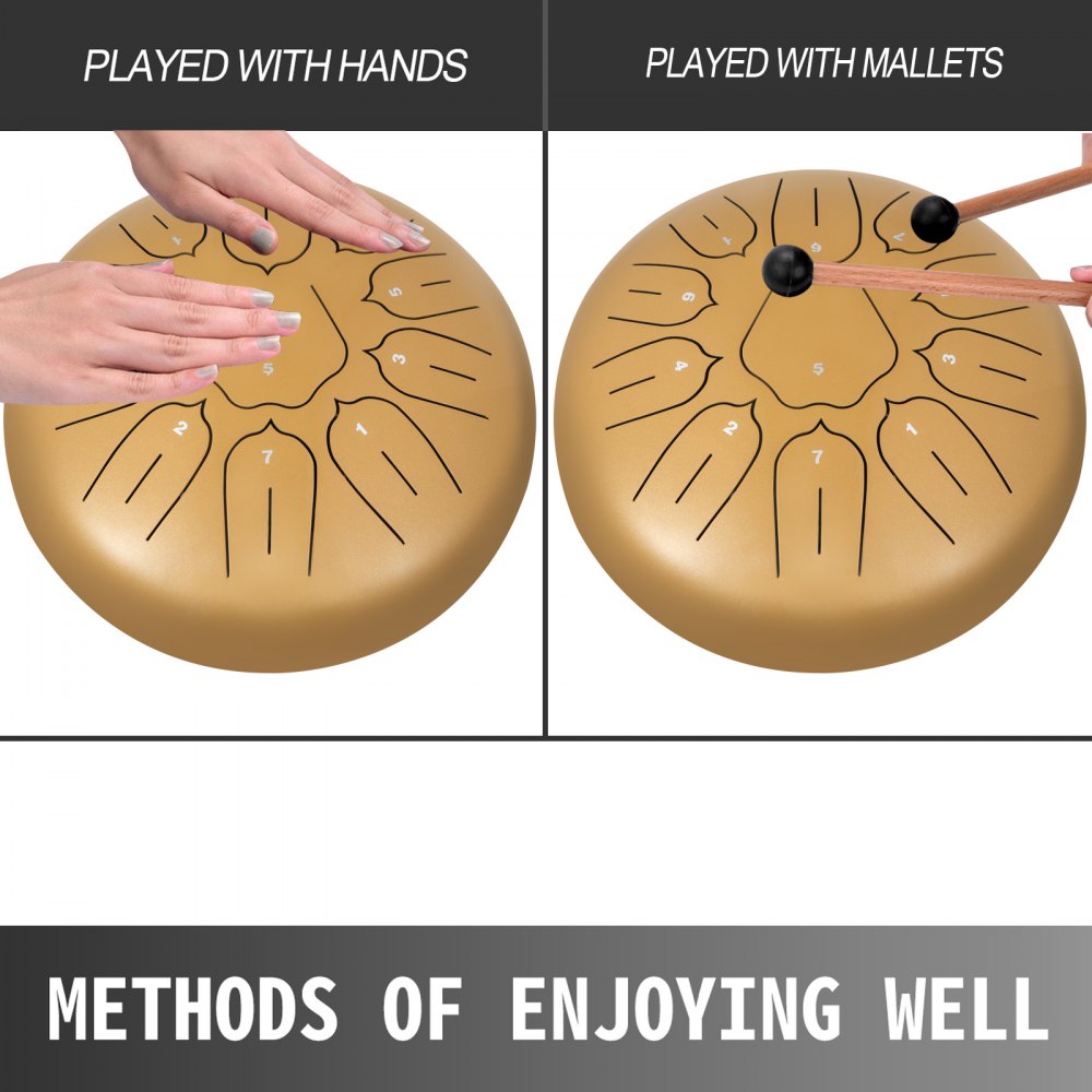 VEVOR Steel Tongue Drum 11 Notes 10 Inches Dia Lotus type Tongue Drum Golden Handpan Drum Notes Percussion Instrument Steel Drums Instruments with Bag, Music Book, Mallets, Mallet Bracket