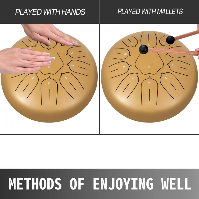 VEVOR Steel Tongue Drum 11 Notes 10 Inches Dia Lotus type Tongue Drum Golden Handpan Drum Notes Percussion Instrument Steel Drums Instruments with Bag, Music Book, Mallets, Mallet Bracket