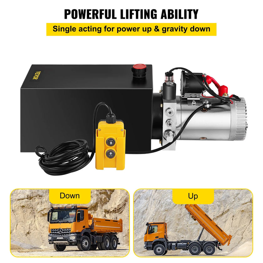 VEVOR Hydraulic Pump, 10 Quart Hydraulic Power Unit, Single Acting Hydraulic Pump, 12V DC Hydraulic Pump (Steel Reservoir, Single Acting, 3200 PSI) w/SAE#6 Connector for Dump Trailer Car Lifting