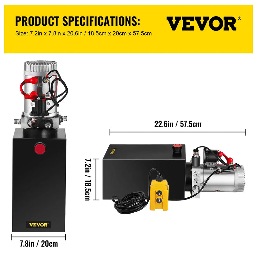 VEVOR Hydraulic Pump, 10 Quart Hydraulic Power Unit, Single Acting Hydraulic Pump, 12V DC Hydraulic Pump (Steel Reservoir, Single Acting, 3200 PSI) w/SAE#6 Connector for Dump Trailer Car Lifting