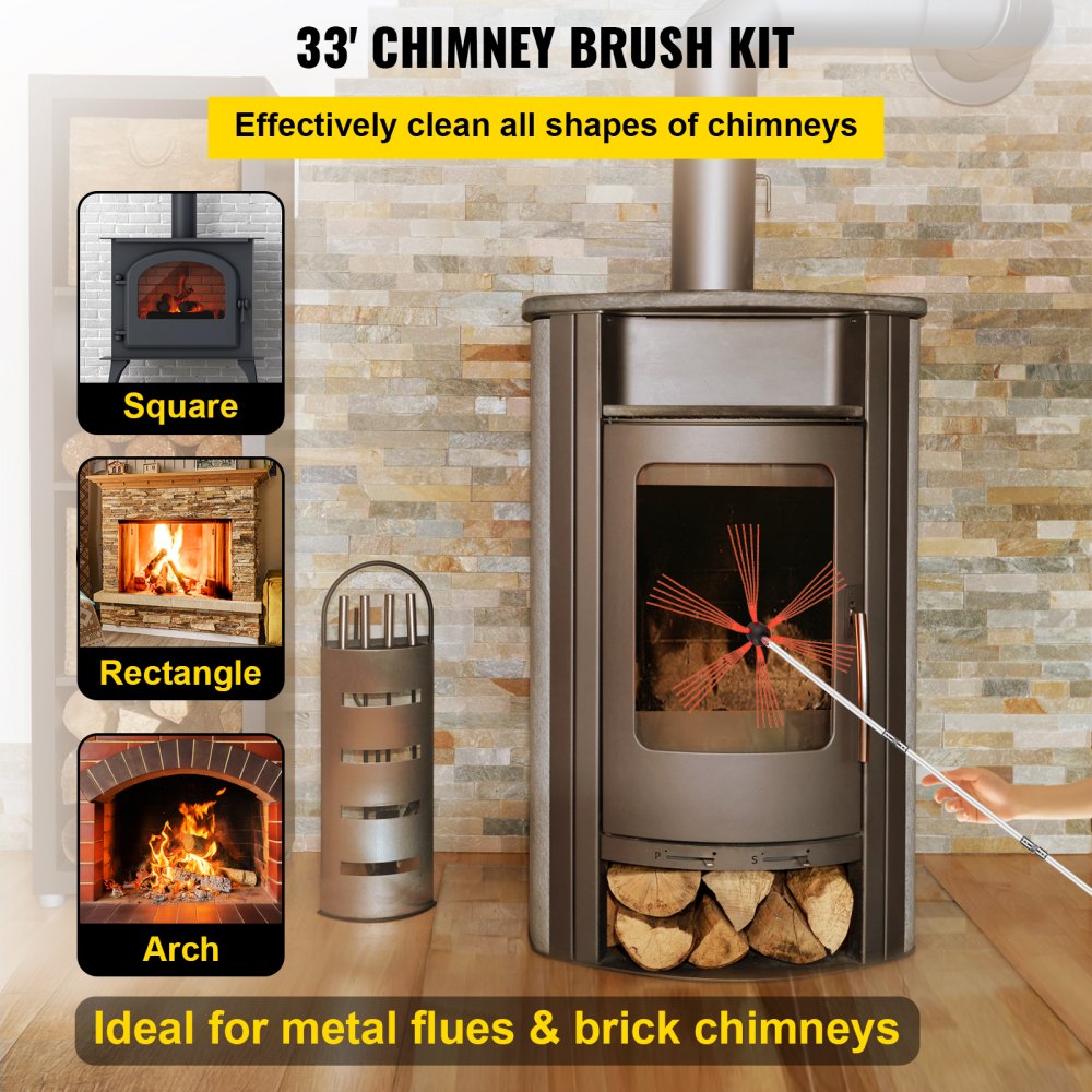 VEVOR Chimney Sweep Kit 33FT, Chimney Cleaning Tool Kits with 10 Nylon Flexible Rods, Chimney Brush 394 Inch for Sweeping Fireplace