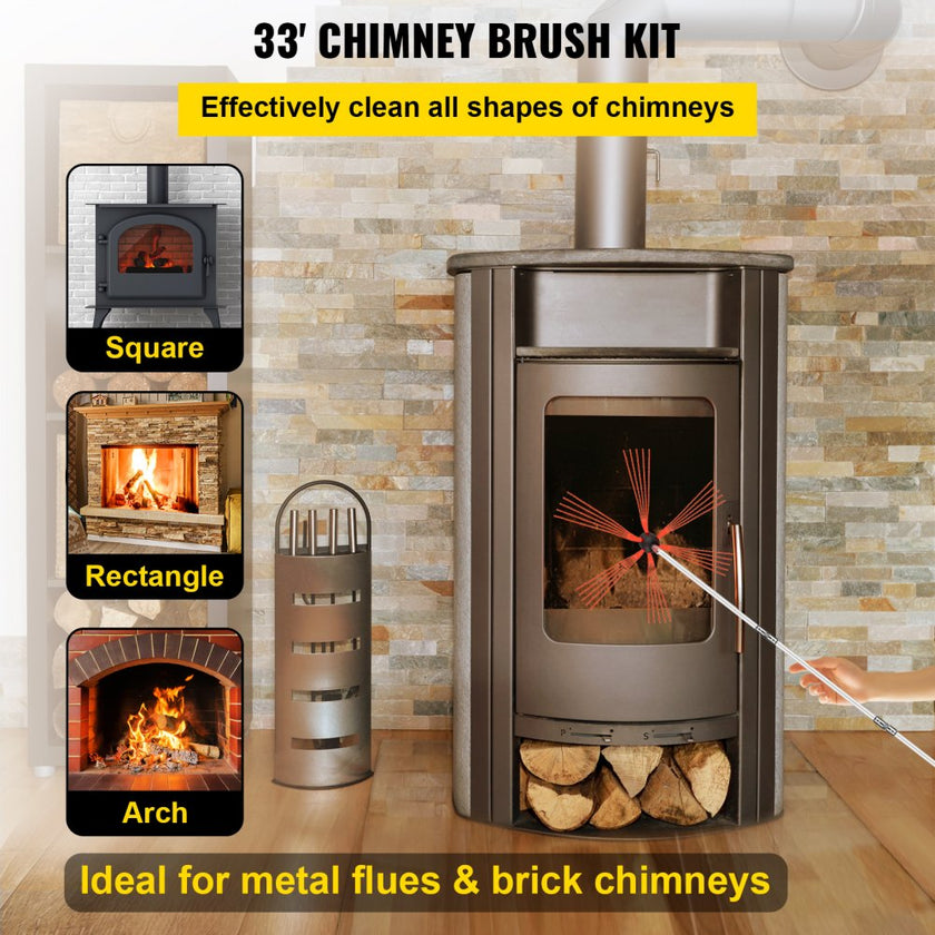 VEVOR Chimney Sweep Kit 33FT, Chimney Cleaning Tool Kits with 10 Nylon Flexible Rods, Chimney Brush 394 Inch for Sweeping Fireplace
