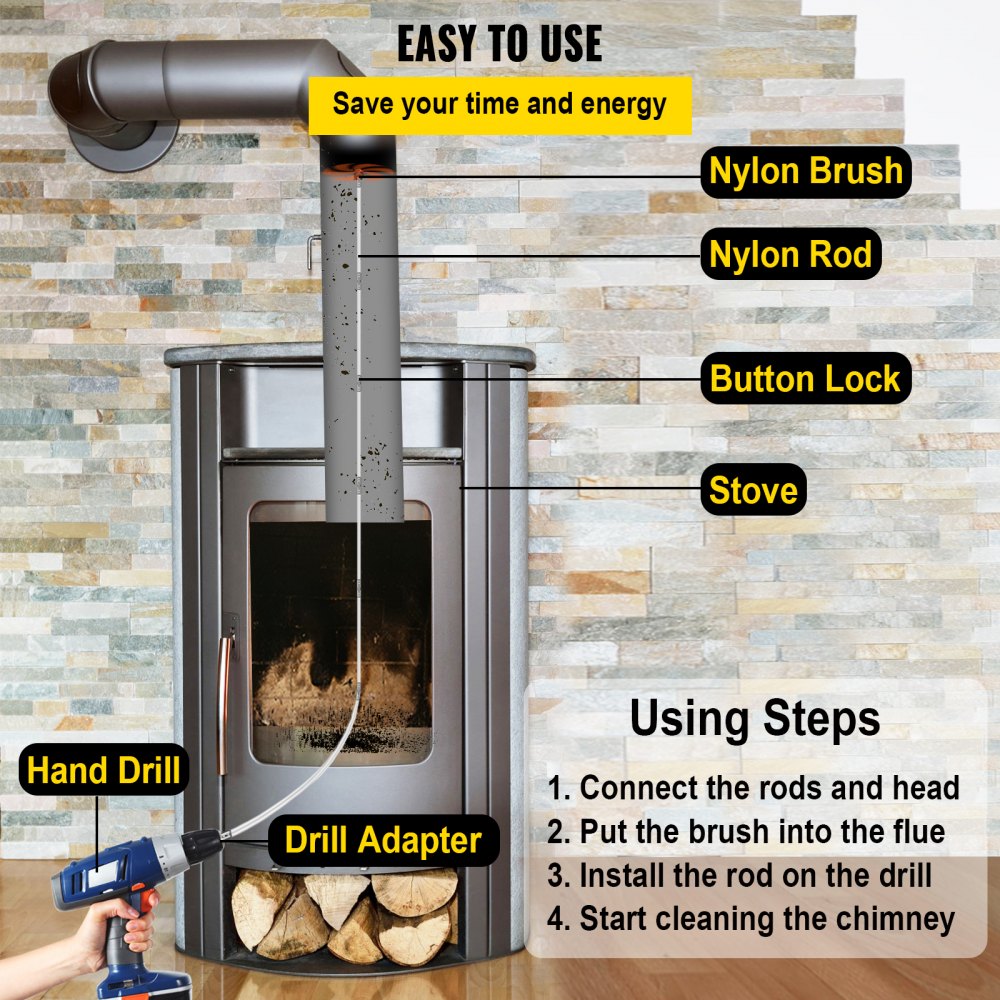 VEVOR Chimney Sweep Kit 33FT, Chimney Cleaning Tool Kits with 10 Nylon Flexible Rods, Chimney Brush 394 Inch for Sweeping Fireplace