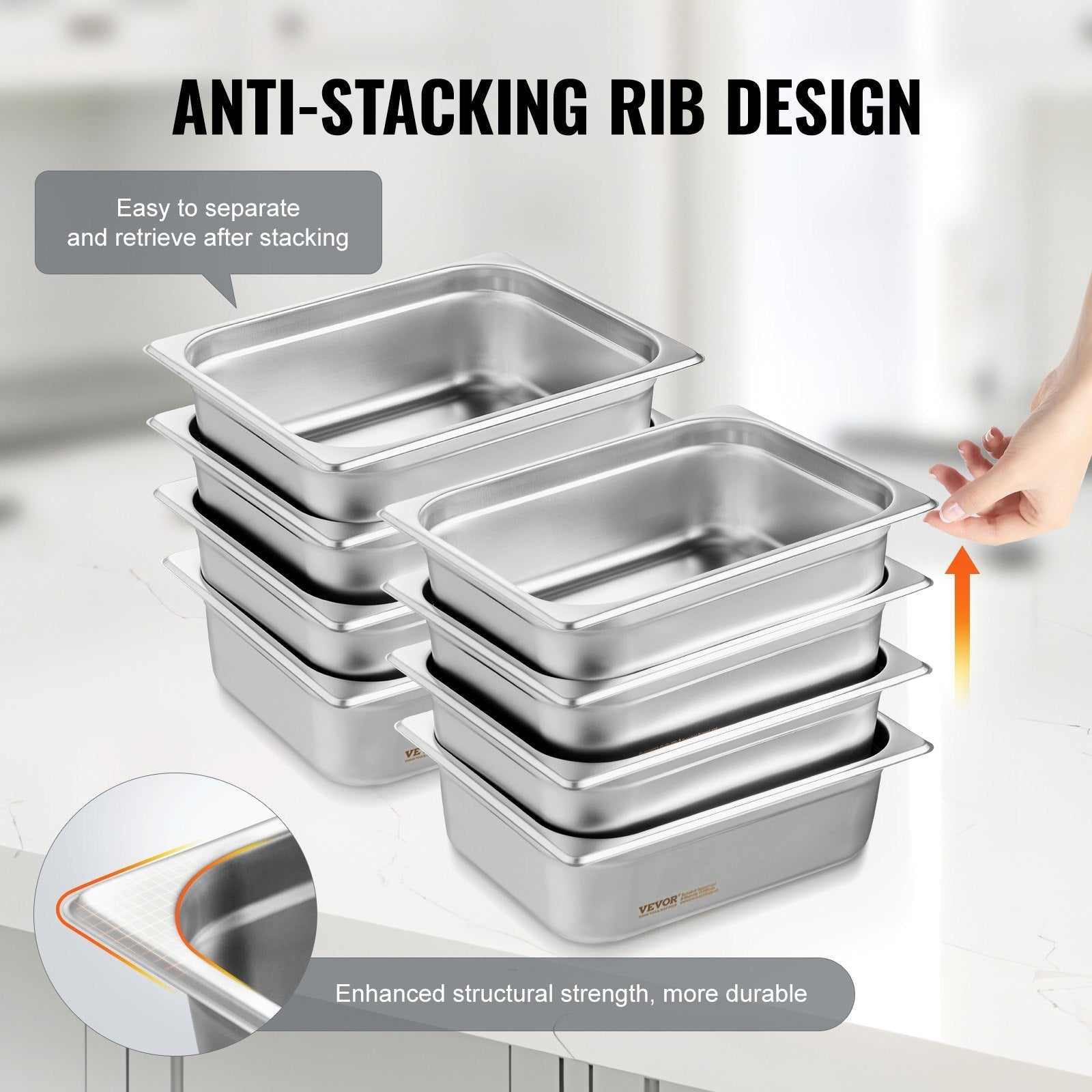 VEVOR 8 Pack Hotel Pans, 1/2 Size Anti-Jam Steam Pan with Lid, 0.8mm Thick Stainless Steel Steam Table Pan, 4-Inch Deep Commercial Table Pan, Catering Storage Food Pan, for Industrial & Scientific