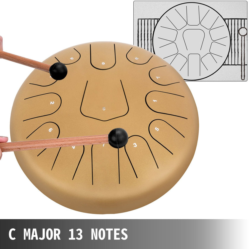 VEVOR Steel Drum 13 Notes Percussion Instrument 12 Inches Tongue Drum, Steel Tongue Drum, Steel Drums Instruments With Bag, Book, Mallets, Mallet Bracket, Hang Pan Drum Instrument, Golden