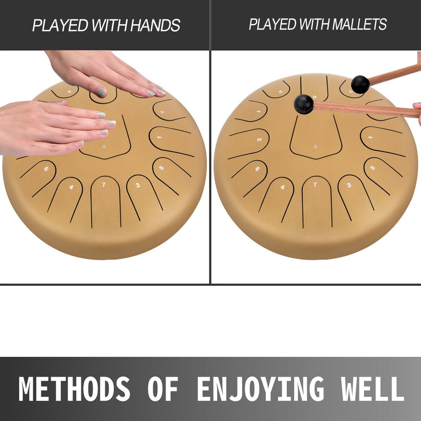VEVOR Steel Drum 13 Notes Percussion Instrument 12 Inches Tongue Drum, Steel Tongue Drum, Steel Drums Instruments With Bag, Book, Mallets, Mallet Bracket, Hang Pan Drum Instrument, Golden