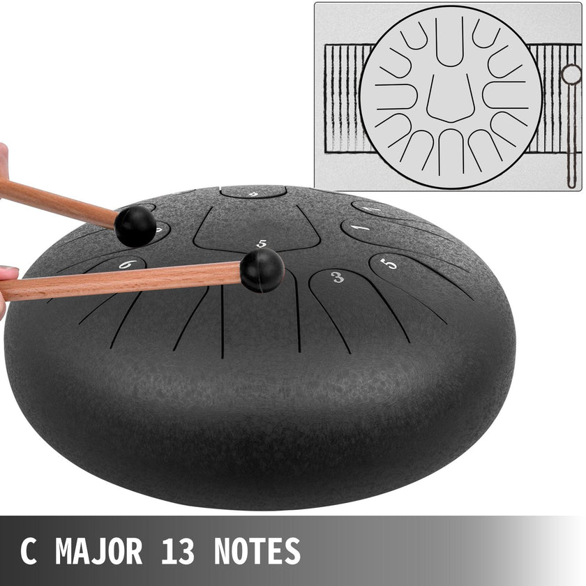 VEVOR Steel Drum, 13 Notes Percussion Instrument, 12 Inches Tongue Drum, Steel Tongue Drum, Steel Drums Instruments With Bag, Book, Mallets, Mallet Bracket, Hang Pan Drum Instrument, Black
