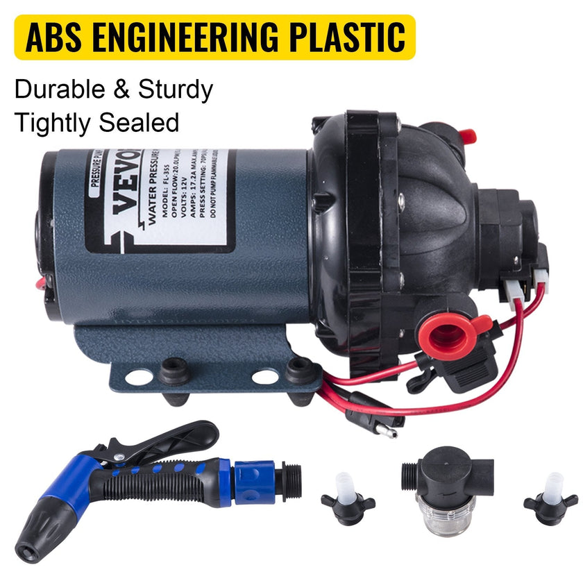 VEVOR RV Water Pump 5.3 GPM 5.5 Gallons Per Minute 12V Water Pump Automatic 70 PSI Diaphragm Pump with 25 Foot Coiled Hose Washdown Pumps for Boats Caravan Rv Marine Yacht
