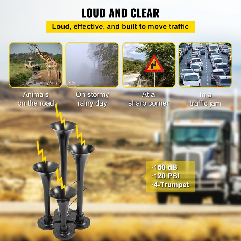 VEVOR 150DB Train Horns Kit for Trucks Super Loud with 120 PSI 12V Air Compressor 4 Trumpet Air Horn Compressor Tank For Any Vehicle Trucks Car Jeep Or SUV (Black)