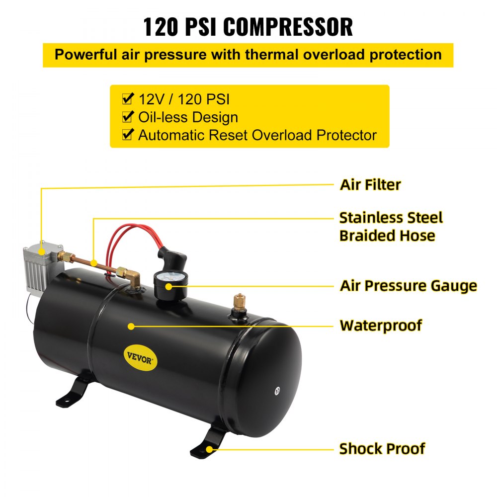 VEVOR 150DB Train Horns Kit for Trucks Super Loud with 120 PSI 12V Air Compressor 4 Trumpet Air Horn Compressor Tank For Any Vehicle Trucks Car Jeep Or SUV (Black)