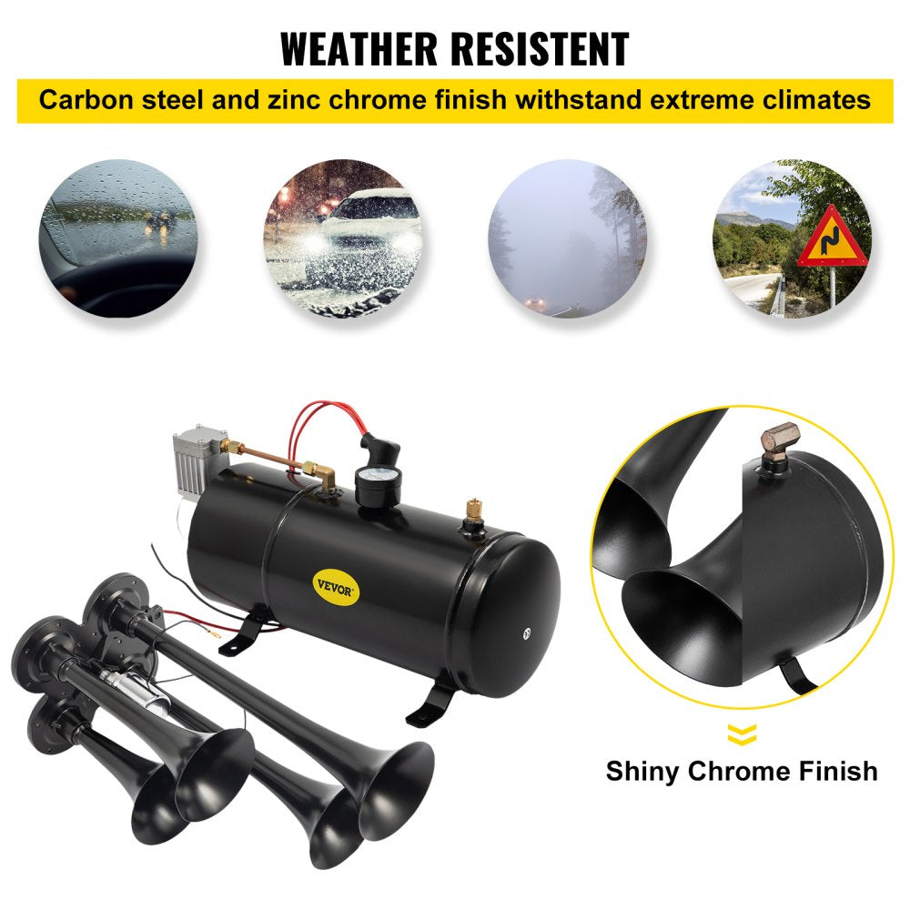 VEVOR 150DB Train Horns Kit for Trucks Super Loud with 120 PSI 12V Air Compressor 4 Trumpet Air Horn Compressor Tank For Any Vehicle Trucks Car Jeep Or SUV (Black)