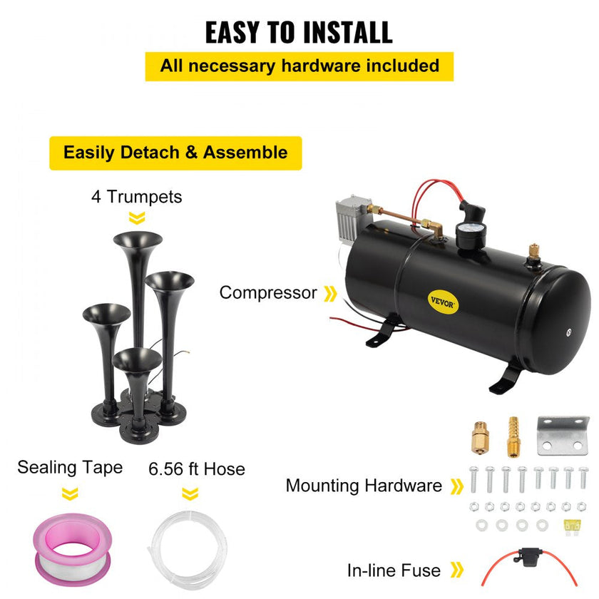 VEVOR 150DB Train Horns Kit for Trucks Super Loud with 120 PSI 12V Air Compressor 4 Trumpet Air Horn Compressor Tank For Any Vehicle Trucks Car Jeep Or SUV (Black)