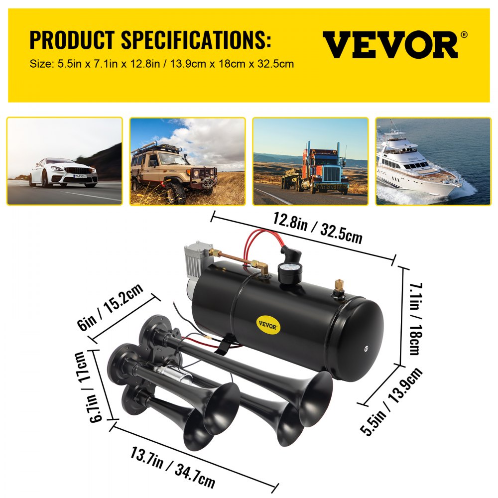 VEVOR 150DB Train Horns Kit for Trucks Super Loud with 120 PSI 12V Air Compressor 4 Trumpet Air Horn Compressor Tank For Any Vehicle Trucks Car Jeep Or SUV (Black)