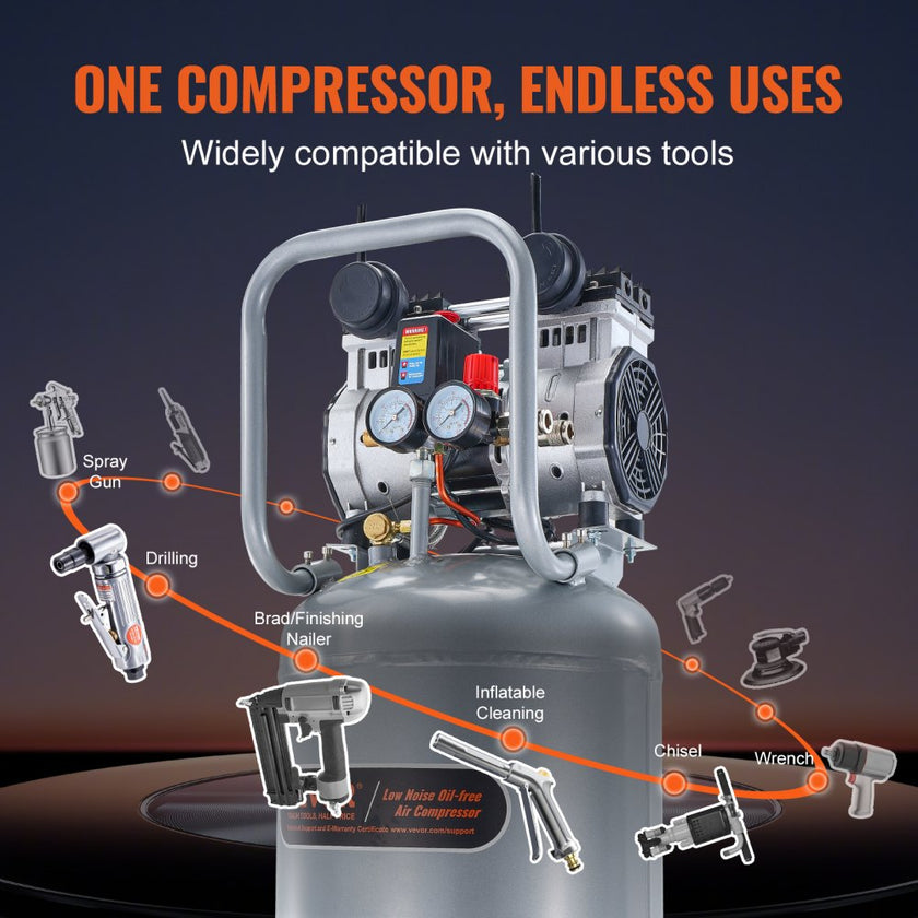 VEVOR 13 Gallon Air Compressor, 2HP 4.6 SCFM@90PSI Oil Free Air Compressor Tank with 125PSI Max Pressure, 66dB Ultra Quiet Compressor for Tire Inflation, Auto Repair, Spray Painting, Woodwork Nailing